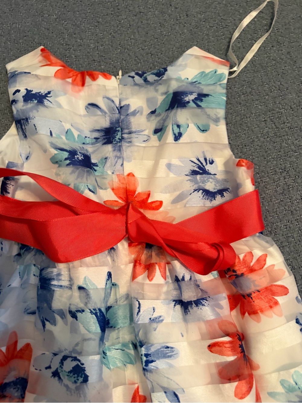 Girls Floral Ribbon Sash Dress - White with Coral & Navy - Picture 5 of 5